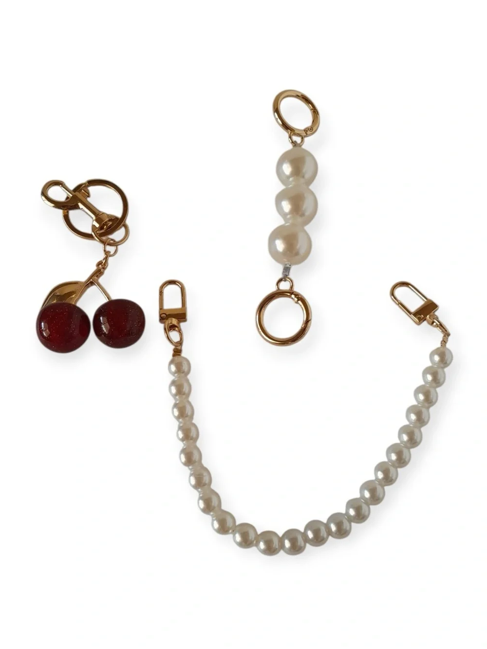 3pc Pearl Cherry Bag Charm Purse Chain Extender Set Gold Hardware Y2K Coquette